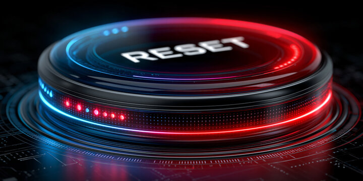 blue glowing reset button on metallic background, neon power reset switch technology concept, futuristic blue reboot button