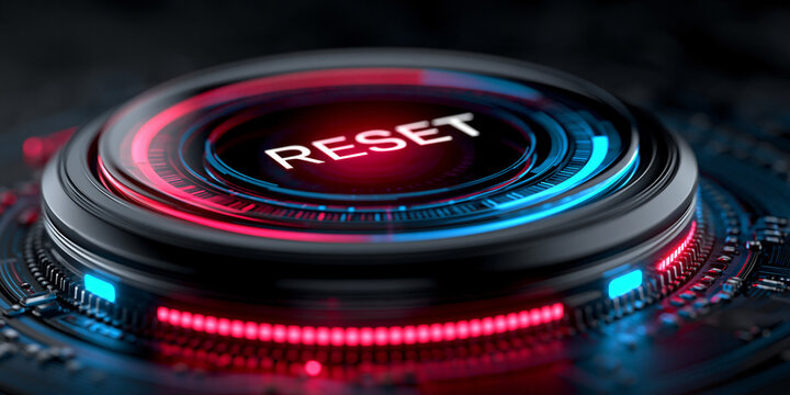 blue glowing reset button on metallic background, neon power reset switch technology concept, futuristic blue reboot button