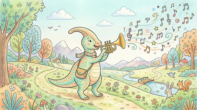 Cute parasaurolophus dinosaur playing golden musical trumpet walking along sunny pastel countryside path