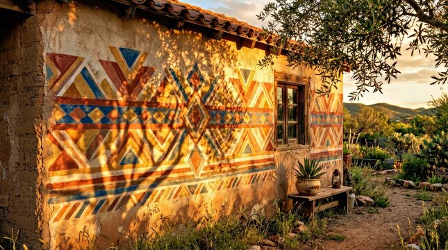 Rustic Adobe House With Geometric Wall Art and Desert Landscape at Sunset