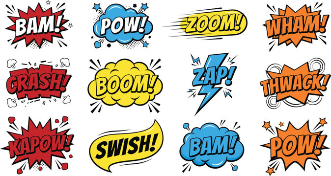 A set of twelve colorful comic book style speech bubbles with action words like bam pow zoom and zap