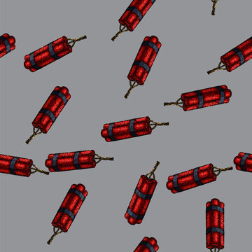 pattern dynamite explosion tnt hand drawn. explosive bomb, danger fuse, destruction dangerous, detonate explode, wick weapon dynamite explosion tnt vector sketch illustration