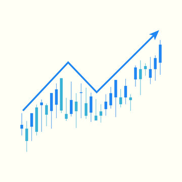 Vector illustration of a financial stock market chart featuring blue candlestick bars and an upward trending arrow, symbolizing business growth, investment success, stock trading, and economic recover