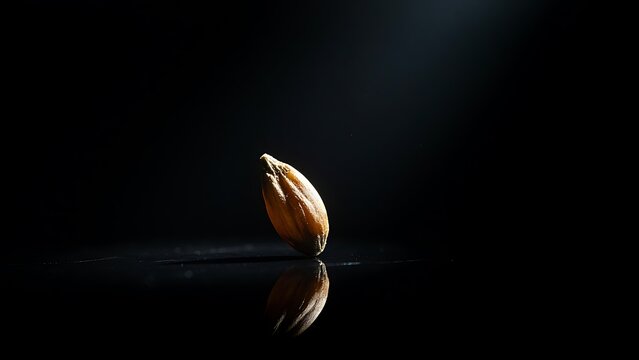 Single barley grain illuminated by light on a dark background with reflection