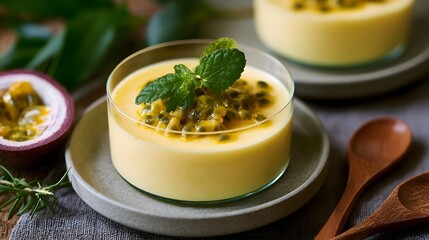 Fototapeta premium A creamy yellow mousse topped with passion fruit seeds and fresh mint leaves served in a clear glass cup on a ceramic plate