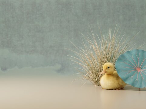 Yellow duckling with blue umbrella. Cute baby duck, soft pastel background.