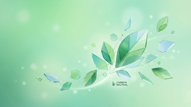 Explosion of green leaves and geometric shapes symbolizing renewable energy and sustainability.