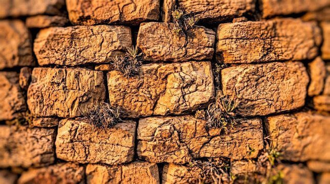 Rustic Stone Wall With Irregular Blocks Showing Organic Plant Growth Between Crevices