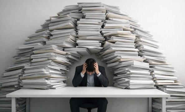 Businessman overwhelmed by excessive paperwork at office
