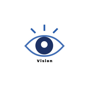 Minimalist blue eye icon and vision logo symbol isolated on white background, modern flat vector illustration for business strategy, optics, and identity