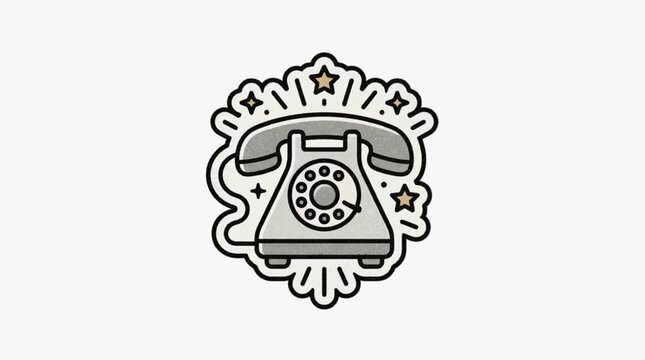Vintage rotary telephone icon illustration with gray handset and dial. Decorative sticker design featuring stars and scalloped border on a plain white background. Retro communication.
