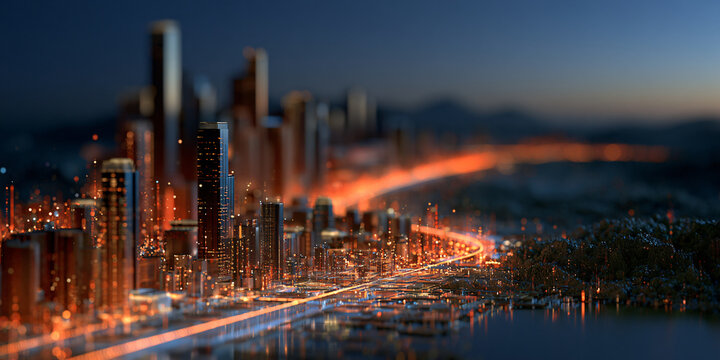 Tilt-shift photography of a bustling modern metropolis skyline at dusk with glowing highway traffic lights and blurred skyscrapers