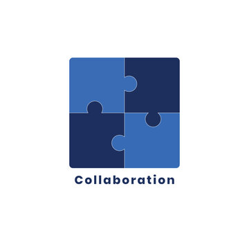Collaboration Concept Icon with Four Blue Jigsaw Puzzle Pieces in Flat Vector Style, Business Teamwork and Partnership Logo Isolated on White Background