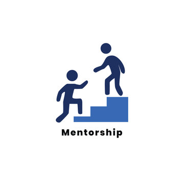 Business mentorship icon with mentor helping employee climb stairs, career growth leadership and coaching concept, flat vector illustration isolated on white background