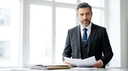 Obraz premium Lawyer standing at office desk and holding papers during corporate meeting