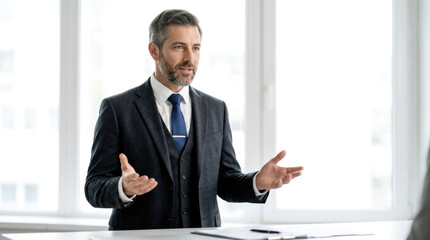 Fototapeta premium Lawyer in formal suit gesturing with hands while explaining at office desk
