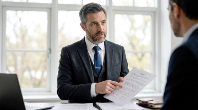 Lawyer sitting at office desk and explaining contract document to client