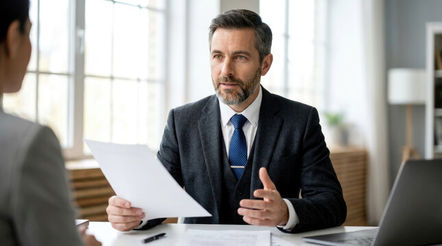 Lawyer holding paper document and talking to client at office desk