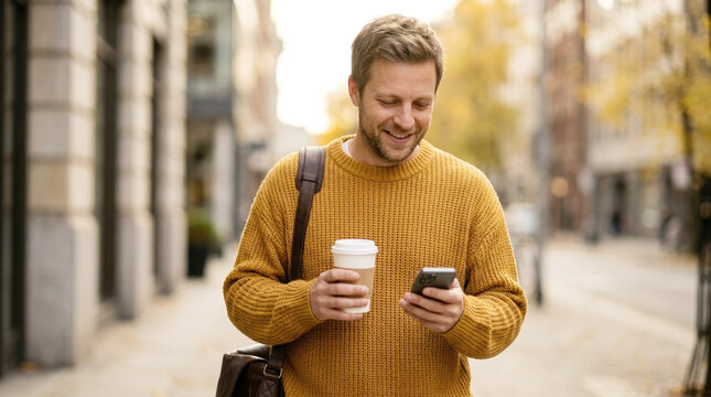 Smiling man with coffee cup using smartphone while walking on city street