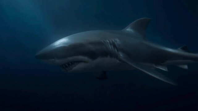 A great white shark swims through deep blue ocean waters, featuring a grey upper body and a white underside, clearly visible gills, and a slightly open mouth revealing rows of teeth.