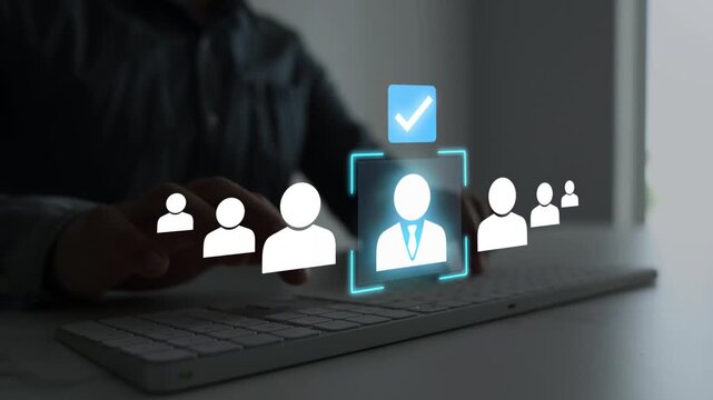 Business interview process with corporate team analyzing job applications, comparing candidates, and selecting qualified professionals for employment opportunities and company growth.