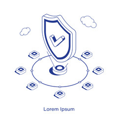 Isometric IT security illustration. Holographic shield with a checkmark projected from a hub, surrounded by connected network nodes. Clean decentralized data protection layout © shendart