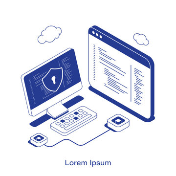 Desktop monitor showing code and a shield with a keyhole, next to a large floating code editor window. Clean IT secure programming technology layout. Isometric cybersecurity vector illustration