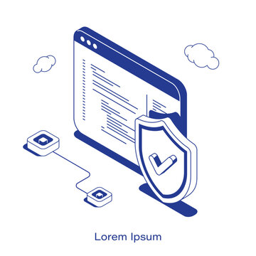 Isometric cybersecurity vector illustration. A large software code editor window protected by a checkmark shield connected to a network. Clean IT secure programming and safe development layout.
