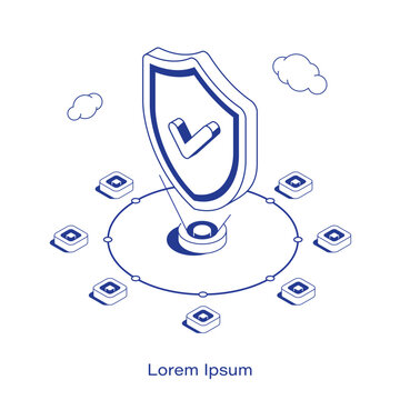 Isometric IT security illustration. Holographic shield with a checkmark projected from a hub, surrounded by connected network nodes. Clean decentralized data protection layout