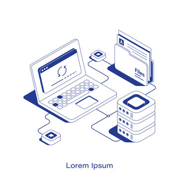Isometric data backup vector illustration. Laptop syncing files with a server stack and document folder over a digital network. Clean IT technology layout