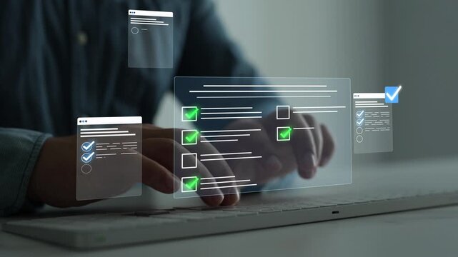 Businessman in computer doing online data documentation checklist survey. Fast checklist,clipboard task business management.Productivity checklist and filling survey form online.	
