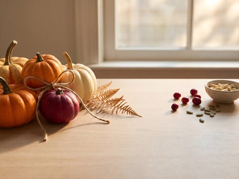 Autumn mini pumpkins on wooden table, rustic harvest decor, fall still life