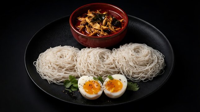 Traditional string hoppers (Idiyappam) served with spicy shredded chicken curry and soft-boiled egg on a black plate against a dark background