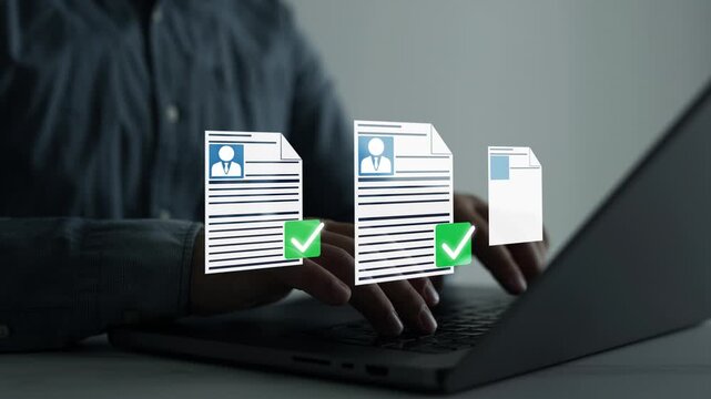 Business interview process with corporate team analyzing job applications, comparing candidates, and selecting qualified professionals for employment opportunities and company growth.
