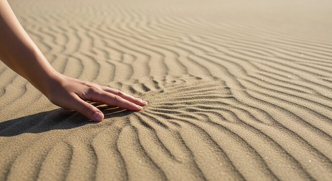Human hand gently touching rippled sand patterns, exploring natural textures and desert landscapes