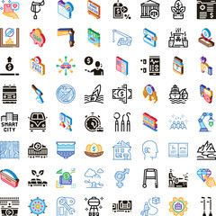 Fototapeta premium Collection of conceptual isometric and line style icons representing diverse themes from business and industry to health technology entertainment and daily lifestyle