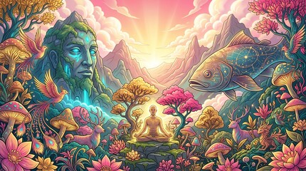 Fototapeta premium Surreal psychedelic digital illustration with central figure and mythological motifs