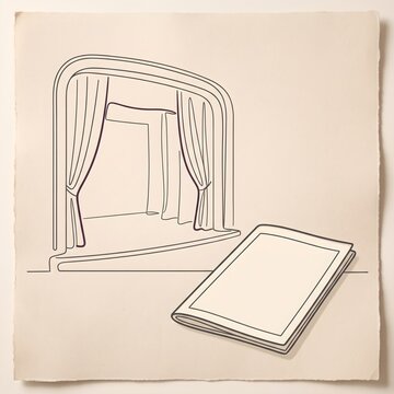 Minimalist theater stage sketch, line art performance scene, vintage paper art