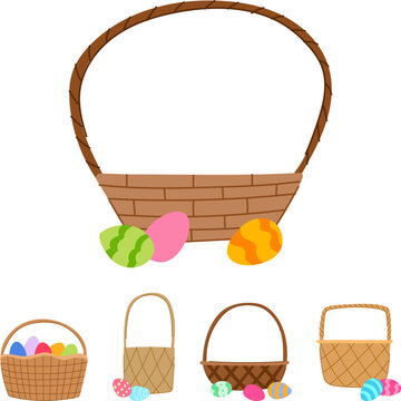 Collection of wicker baskets, empty and filled with colorful decorative eggs and treats, festive spring and easter elements for holiday designs, hunt, family, and celebration scenes