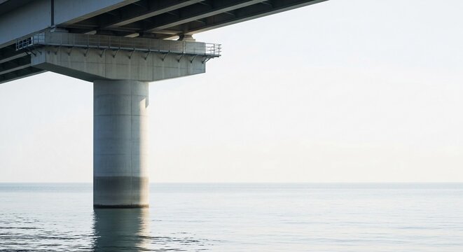 Massive concrete bridge pillar supporting overhead structure over calm water under a bright sky