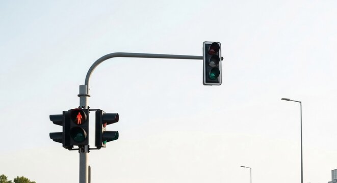 Modern traffic signals guiding urban road intersection traffic flow with green and red lights illuminated