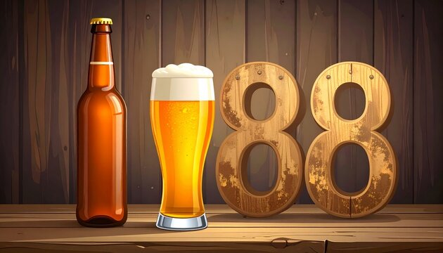 Rustic Beer Glass and Bottle with Number 88 &ndash; Birthday and Anniversary Illustration