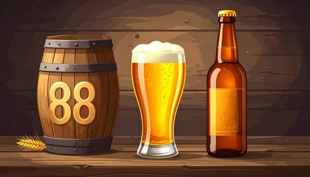 Rustic Beer Glass and Bottle with Number 88 &ndash; Birthday and Anniversary Illustration