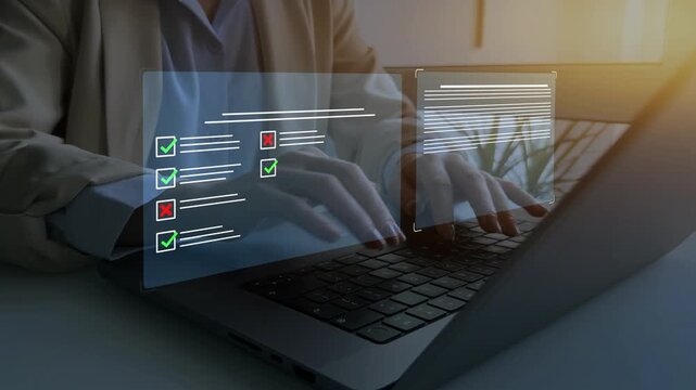 Online survey questionnaire with digital feedback form, customer evaluation and business assessment concept. Filling form, research analytics, technology interface and data review.	

