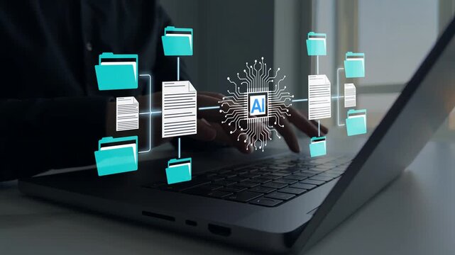 Artificial intelligence document management concept representing digital files, data organization, smart storage and automated technology.