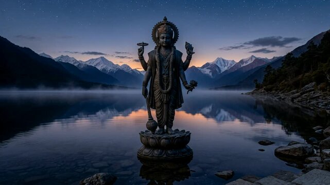 Statue of Lord Vishnu on Lake with Mountains at Sunrise