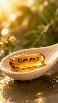 A curcumin capsule rests on a small spoon surrounded by green leaves and soft light. Water droplets add shine to the surface, creating a fresh look
