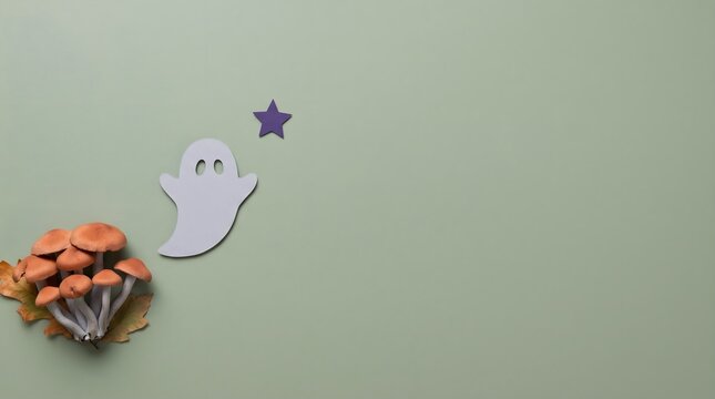 Minimalist Halloween ghost, paper cutout ghost with mushrooms, spooky flat lay