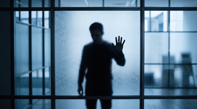 Mysterious silhouette of a man standing behind frosted glass partition wall in modern office building, privacy, shadow figure pressing hand against textured surface