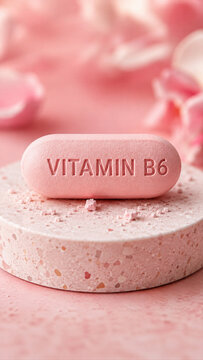 A pink Vitamin B6 tablet rests on a textured stone surface surrounded by rose petals. The soft background includes blurred shapes in various shades of pink